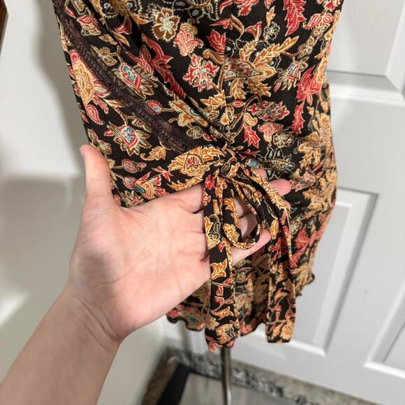 Style & Co Dark Brown & Orange Boho Floral Pattern Faux Wrap Mesh Fairy Top S - Picture 4 of 8